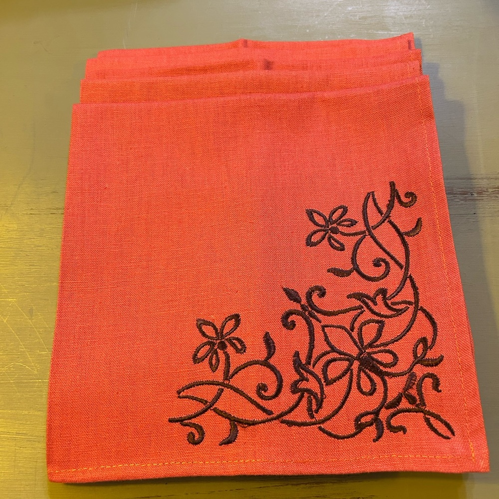 Cloth Coral Colored Napkin W/Brown Embroidery-Set 5
